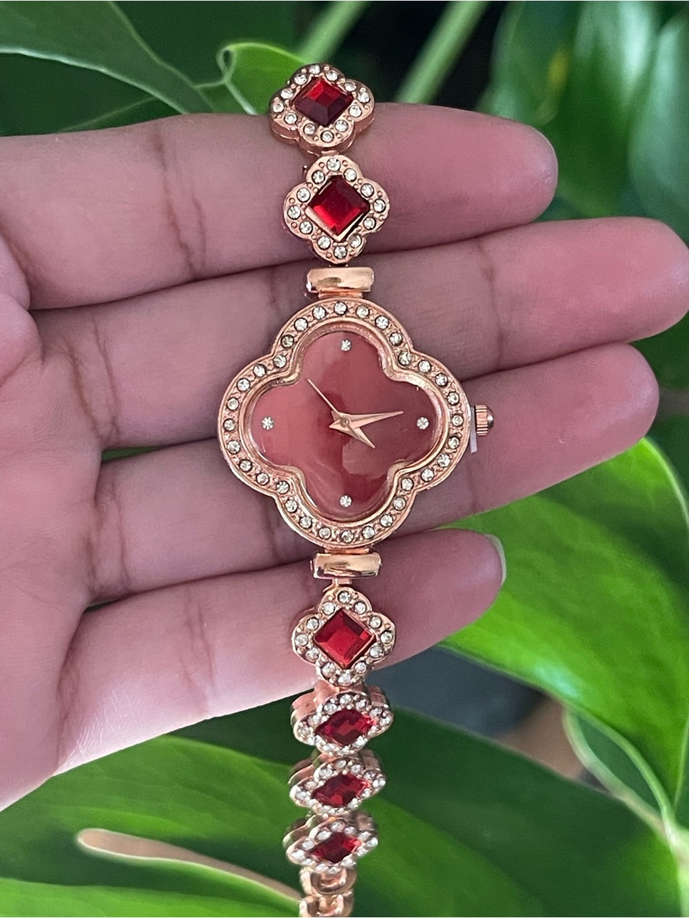 Elegant Rose Gold Red Crystal Women's Bracelet Watch